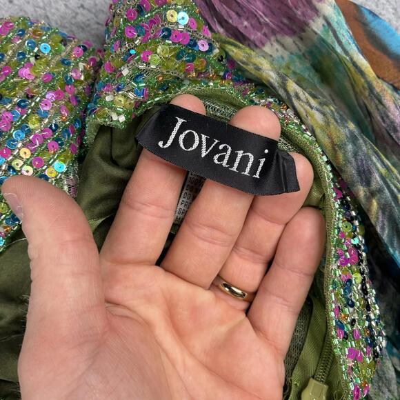 Jovani Women’s 2 Peacock Print Sequin Silk Open Back Halter Long Prom Gown Dress - Picture 8 of 12